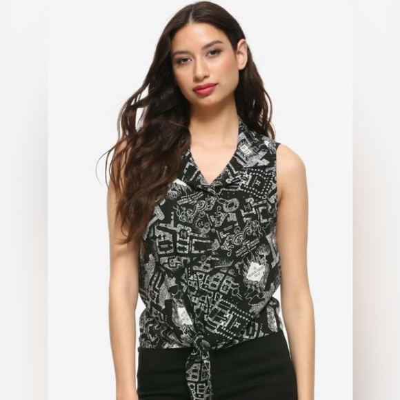 Hot Topic Harry Potter Marauder’s Map Tie-Front Woven Top Size XS Black Casual - Picture 1 of 15